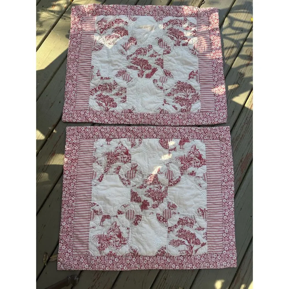 French country Toile quilted pillow shams red white reversible standard set 2